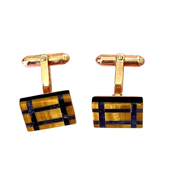 Hayward Gold-Plated Rectangular Cufflinks With Tigers Eye & Lapis Lazuli Inlay - Picture 1 of 4